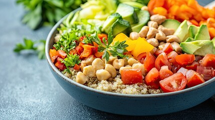 Collar bowl healthy fresh bowl vibrant bowl filled with fresh vegetables, quinoa, and chickpeas, ideal for healthy meals. Perfect for vegan and vegetarian food lovers seeking colorful ingredients.