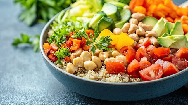 Collar bowl healthy fresh bowl vibrant bowl filled with fresh vegetables, quinoa, and chickpeas, ideal for healthy meals. Perfect for vegan and vegetarian food lovers seeking colorful ingredients.