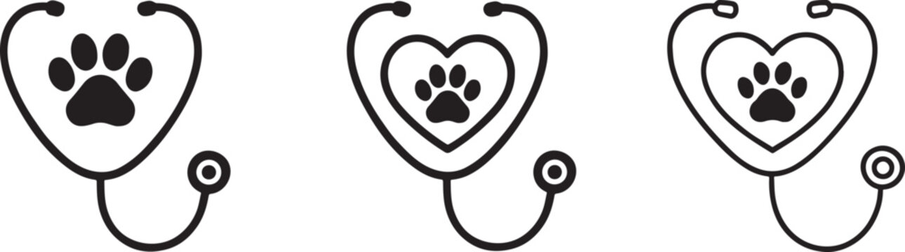 Silhouette stethoscope with paw icons symbolizing veterinary care, pet health, and animal wellness.