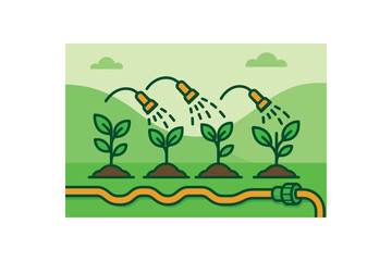 Flat vector illustration of bright irrigation hoses set up for saplings bold green accents rounded shapes clean vector design
