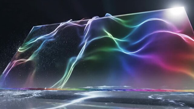 Dynamic spectrum light waves dispersing and refracting across a futuristic glass plane creating colorful optical effects technology, flowing, data visualization
