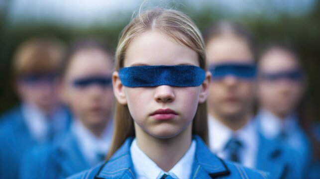 Students in blue uniforms and blindfolds standing outdoors
