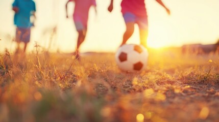 Kids play soccer during sunset in a field surrounded by tall grass