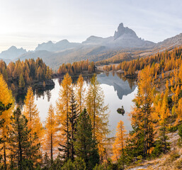 Lake Lago di Sorapis, Dolomites, Italy with blue sky, orange forest with larch trees, azure water and high mountains in the background.