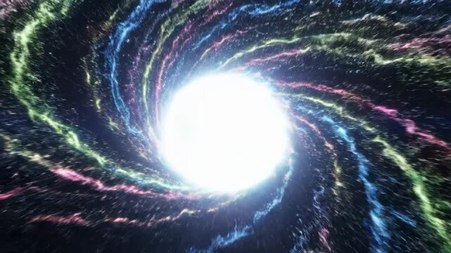 Dynamic quantum field simulation featuring oscillating neon energy waves collapsing into a singularity point in dark space Dynamic quantum field simulation, convergence, loopable