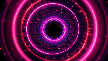 Abstract futuristic glowing pink and purple neon concentric circles forming a tunnel effect with sparkling particles against a dark background