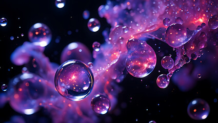 Abstract macro photography of iridescent purple and pink bubbles with glowing light reflections against a dark background creating a cosmic or ethereal atmosphere