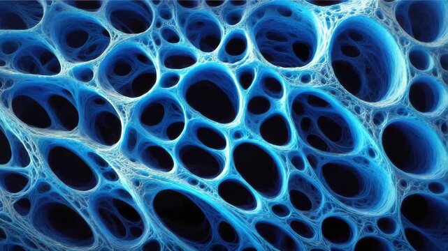 Complex Blue Sponge Like Structure with Intricate Hollows and Textured Surface Detailed Abstract Design with Network of Interconnected Shapes and Dark Void Background
