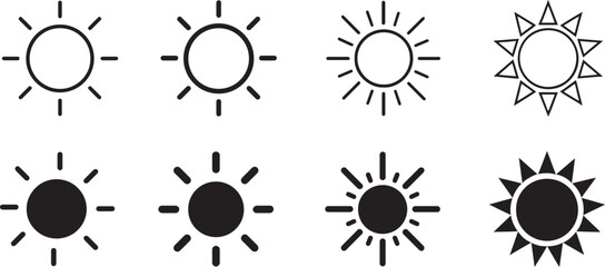Bold silhouette sun icon set featuring rays, heat, daylight, and weather symbols in simple style.