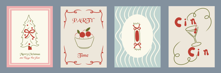 Hand drawn la dolce vita Christmas doodles. Vector illustration cards icon with wine, christmas tree. Minimalist winter line art for invitations, stationery, printables, social media, wall art.