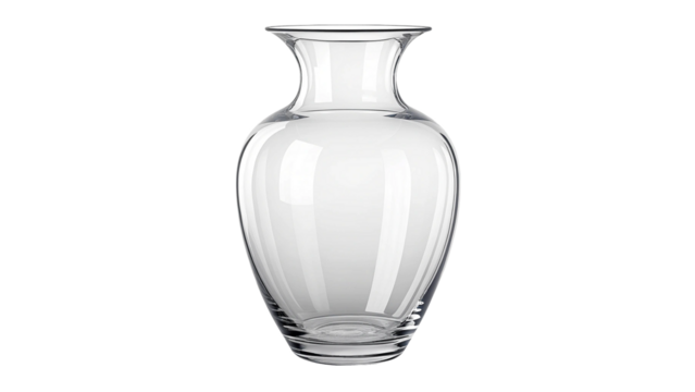 A single empty transparent glass vase fully isolated on a white background