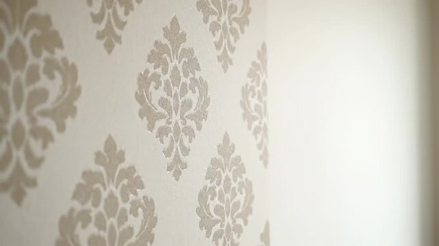Elegant damask wallpaper slowly unrolls, revealing a beautiful pattern. This decorative design adds a touch of classic style to any room.