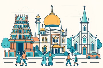 Illustration of people walking past temple, mosque, and church on light background showing unity in religious diversity and peaceful coexistence. Ai generative