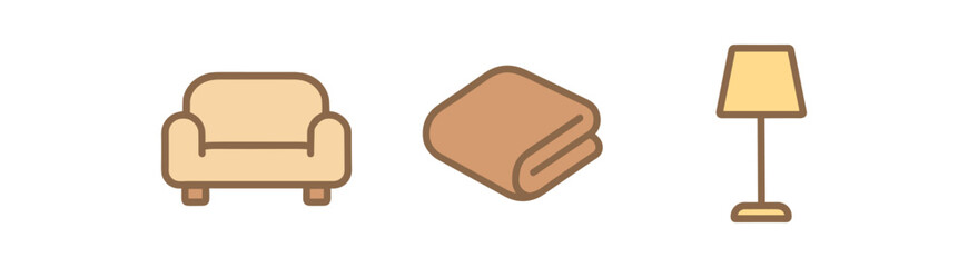 minimal icons couch colored pastel beige blanket colored soft brown floor lamp colored warm