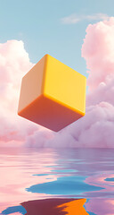 A floating yellow-orange cube in the sky with pin