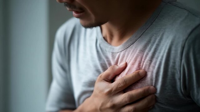 hand hold chest with heart attack symptoms, man working hard have chest pain caused by heart disease, leak, dilatation, enlarged coronary heart, press on the chest with a painful expression