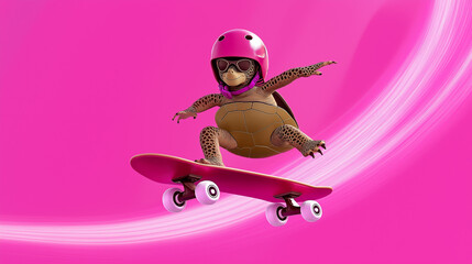  A determined turtle rides a skateboard with perseverance and willpower, pushing forward on its adventure.