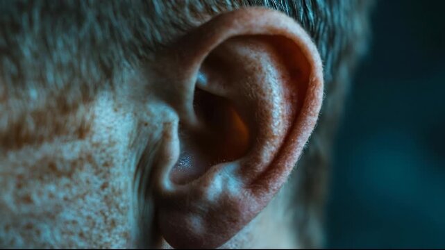 Close-up of a human ear, showcasing its intricate details and textures in cool lighting.