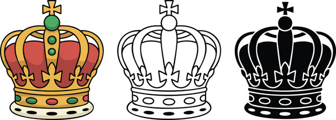 Royal crown silhouette & Outline and illustration set isolated on transparent background