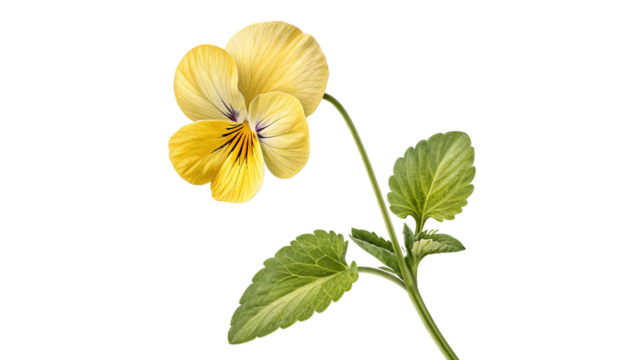 A single yellow pansy flower with one or two green leaves isolated on a transparent background - Powered by Adobe
