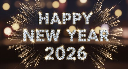 Diamond studded Happy New Year 2026 text with radiant light refractions and sparkling star bursts