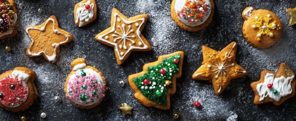 The Gingerbread Cookies Assortment on Dark Slate with Sugar and Festive Decorations
