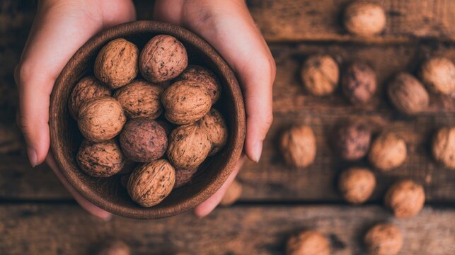 Hands holding a bowl of assorted nuts on a wooden table