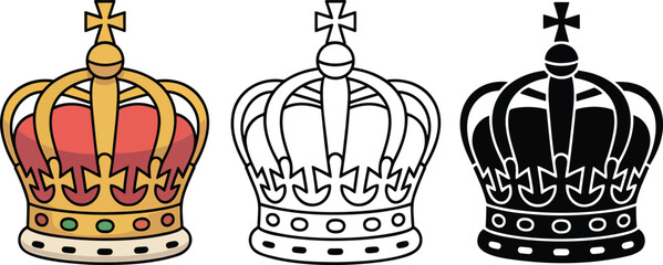 Royal crown silhouette & Outline and illustration set isolated on transparent background