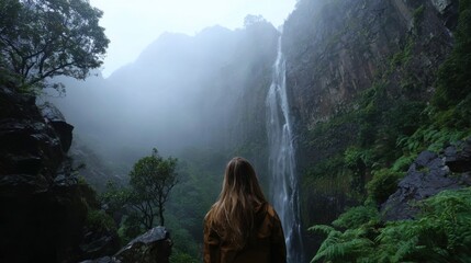 Woman admiring misty waterfall in lush green forest
