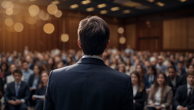Dynamic public speaker presenting to an engaged professional audience at a business seminar.