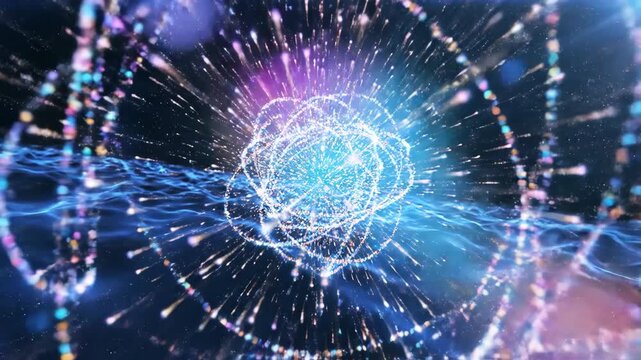 Dynamic visualization of shimmering subatomic particles moving rapidly through a dark blue energy field seamless, streaming, vortex