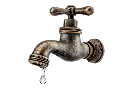 Old bronze faucet with dripping water against black background drop liquid, Isolated On Transparent Background, Png Cut Out