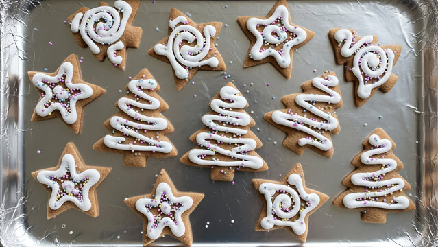 Festive homemade christmas cookies in star and tree shapes decorated with white icing on a baking sheet - Powered by Adobe