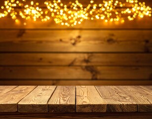 Wooden planks table with blurry, glowing string lights against aged wood background. Holiday or rustic aesthetic
