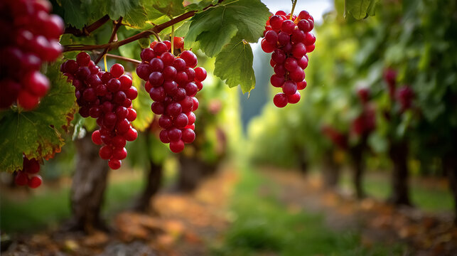 Red grapes cluster on green vines in vineyard, showcasing rich color and abundance. Soft sunlight highlights leaves in scenic countryside, concept for wineries, agriculture, food production