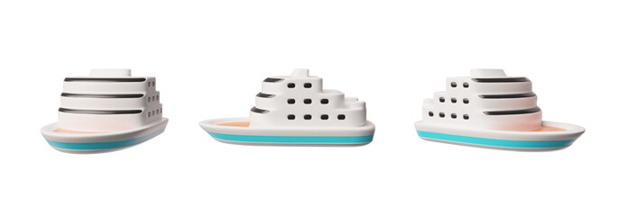 Cruise liner, yacht view from different angles 3D vector set, travel ship, tourist vessel, sea voyage transport