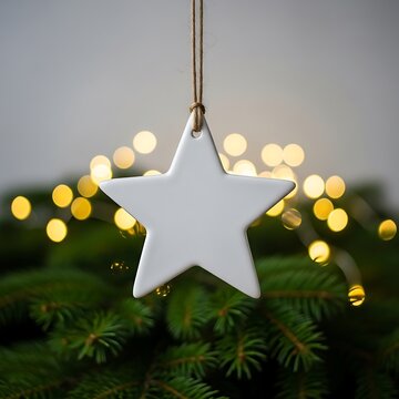 White ceramic star ornament hanging against blurred holiday lights and pine