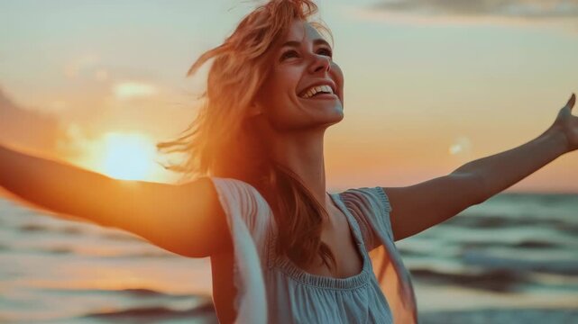 This captures a moment of pure joy as the woman embraces the morning sun on the beach.