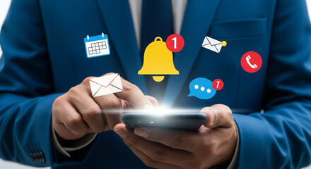 Stay Connected Dynamic man using smartphone for notifications, email, calendar, messages, and calls in a modern, professional setting