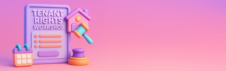 Tenant rights workshop concept with pastel icons and legal elements on gradient background, ideal for social campaigns or informational poster mockups. Ai generative