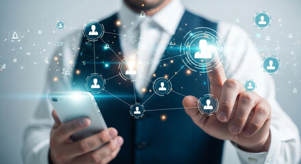 Dynamic business professional connecting globally through modern mobile technology for collaborative networking and seamless communication in the digital age