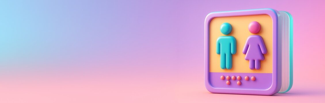 Colorful 3D icon of male and female figures with braille on pastel background, symbolizing gender and accessibility concept for social posters. Ai generative