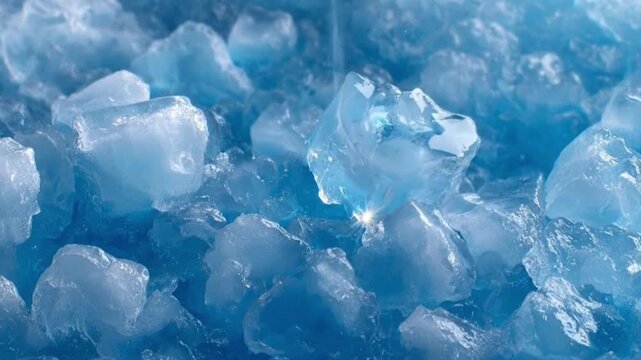Bluetinted crushed ice pieces create a textured cold surface with light reflecting off their angular shapes