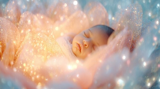 Sweet newborn baby sleeping peacefully in a dreamy, sparkly setting - Powered by Adobe