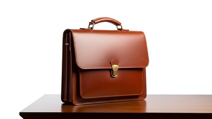 A brown leather briefcase stands on a polished wooden surface against a white backdrop