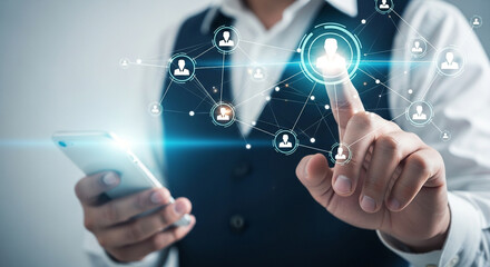 Innovative businessman leveraging network connections on smartphone app for powerful social media engagement and virtual team collaboration success