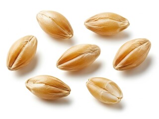 Obraz premium Golden wheat grains scattered on white, close up whole and split