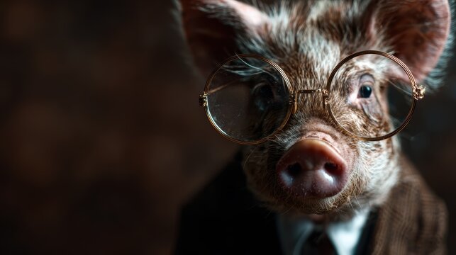 A whimsical portrait of a pig wearing glasses and a suit, showcasing humor and charm in an artistic portrayal, merging the concept of sophistication with playful innocence.
