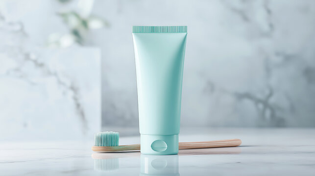 Mint toothpaste tube stands upright on a bright marble surface beside a wooden toothbrush, conveying fresh hygiene