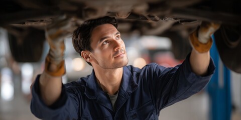 Automotive repair service garage workshop mechanic inspection indoor upward view maintenance